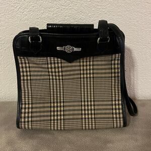 Preppy Vintage Brighton Black Real Leather Cream Plaid Shoulder Bag (#A178058)